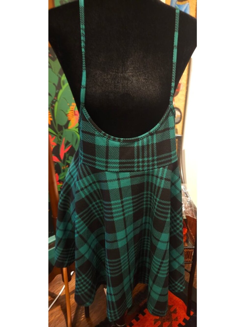 NEW Green & Black Plaid Sleeveless Skater Dress With Adjustable Straps - Size XL